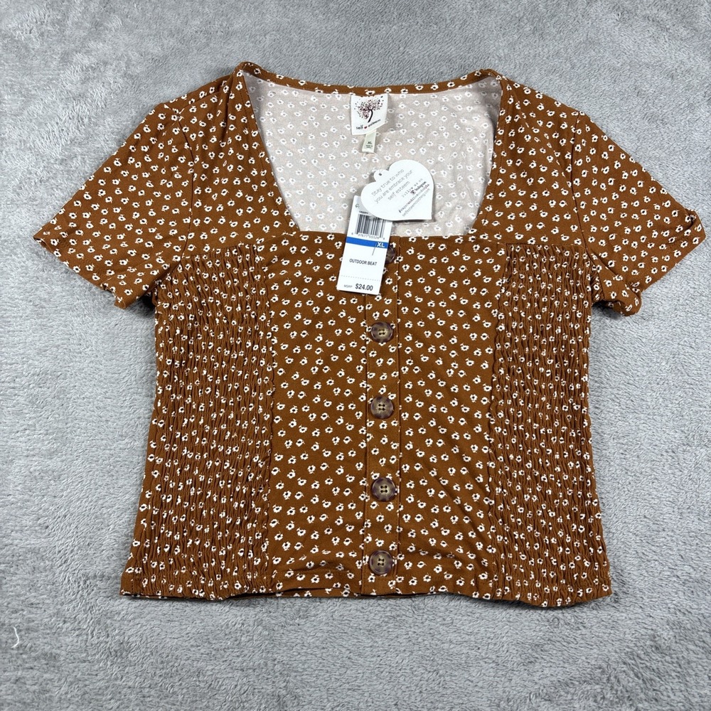 Self Esteem BrownShort Sleeve‎ Top w/Flowers and Buttons XL NWT